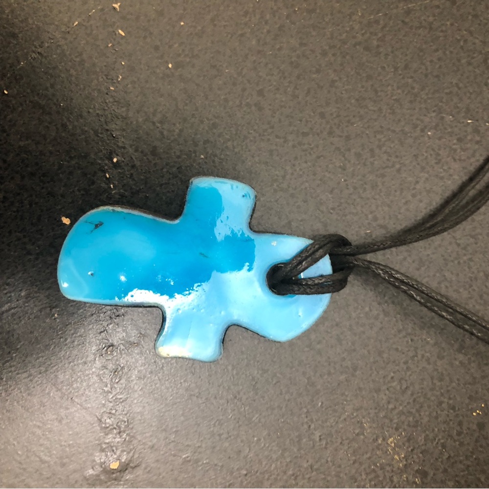 Murano Gold/Blue Cross Pendant Necklace with Black Chord - Picture 4 of 6
